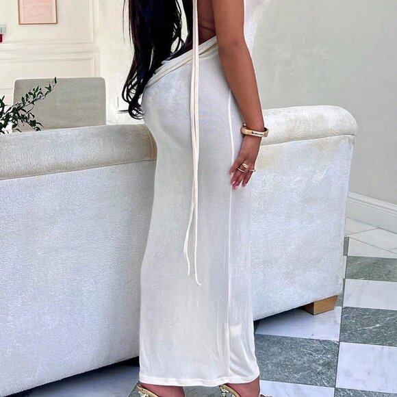 White Sexy Women's Draped Collar Tie Shoulder Cami Dress - Picture 4 of 6